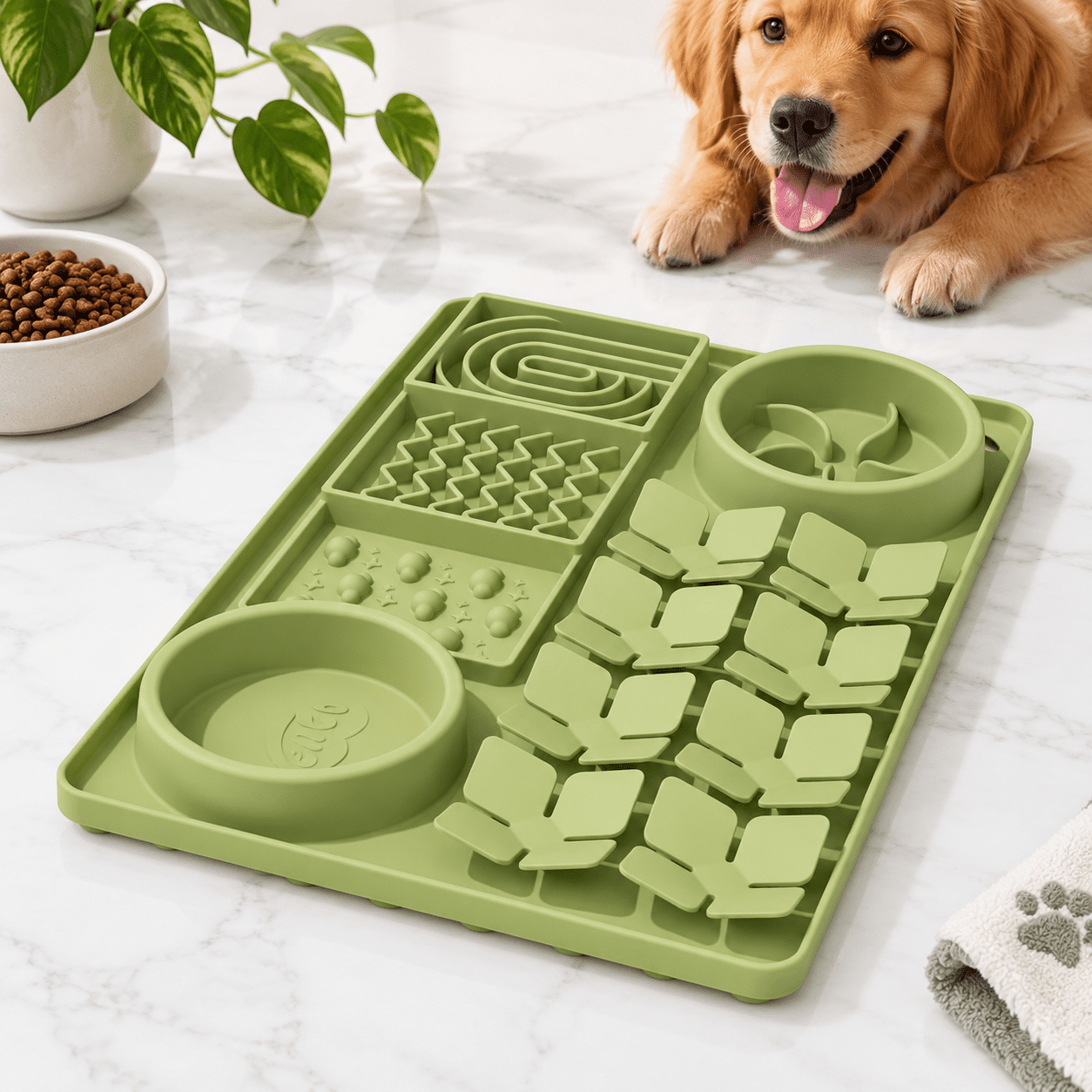 Green Starry Clouds 4in1 Slow Feeder Pet Bowl with Silicone Lick Mat ...