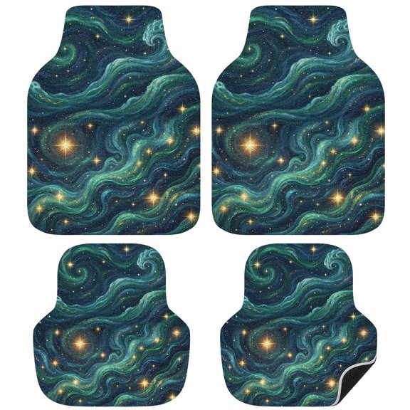 Green Starry Sky Car Floor Mats 4 Pieces, Front & Rear Auto Carpet Mats Full Set with Rubber Backing, Golden Stars Fantasy Cosmos Universal All Weather Car Floor Protectors for SUV Truck Van