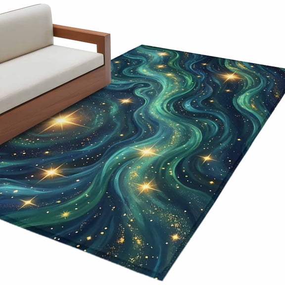 Green Starry Sky Kitchen Runner Rug 2.7x5 Washable Runners for Hallway Non Slip Golden Stars Fantasy Cosmos Large Area Rug Indoor Floor Carpet for Bathroom Laundry Entryway Bedroom Living Room