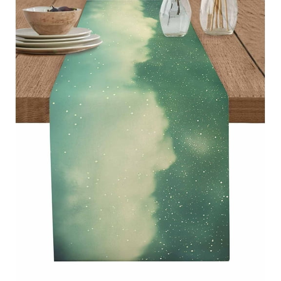 Green Starry Sky Table Runner 48 Inches, Modern Abstract Clouds Night Scenery Bed Runner Dresser Scarves Tabletop for Indoor Outdoor Parties/Ceremony/Banquet, 13" x 48"