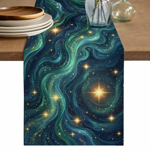 Green Starry Sky Table Runner, Golden Stars Fantasy Cosmos Washable Cotton Linen Table Runners 36 Inches Long, Dresser Scarf Runner for Nightstand/End Tables/Round Tables 13''x36''