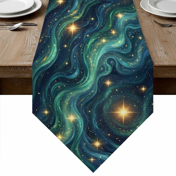 Green Starry Sky Table Runner Linen Burlap Table Runner 36 Inches Small Golden Stars Fantasy Cosmos Dresser Scarves for Kitchen Island Coffee Dining Room Party Wedding Banquet Holiday Decor 13"x36"
