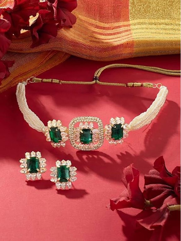 Green Statement Stones Embellished Multistrand Beaded Choker Necklace & Earring Set For Women