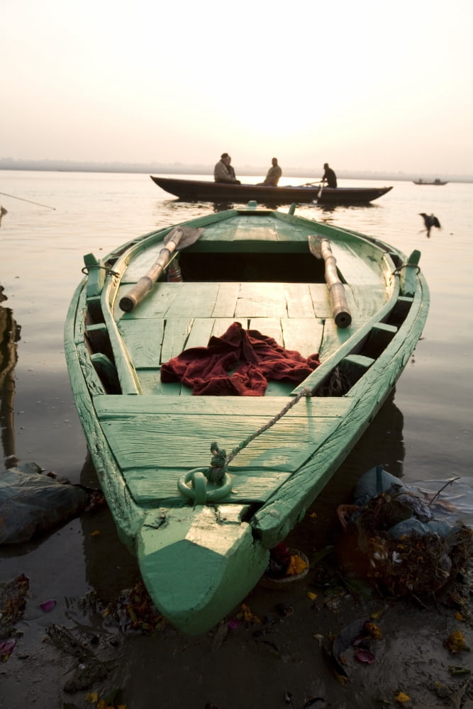 Green Stationary Boat At Waters Edge Ganges River Varanasi India Canvas Art - David DuChemin Design Pics (24 x 38)