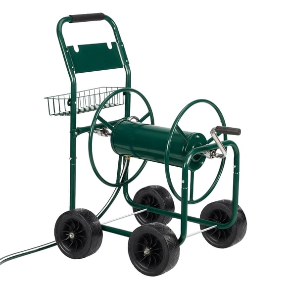 Green Steel Four Wheel Pipe Truck Garden Hose Reel Cart Manual Crank 10 Inch Pneumatic Tire