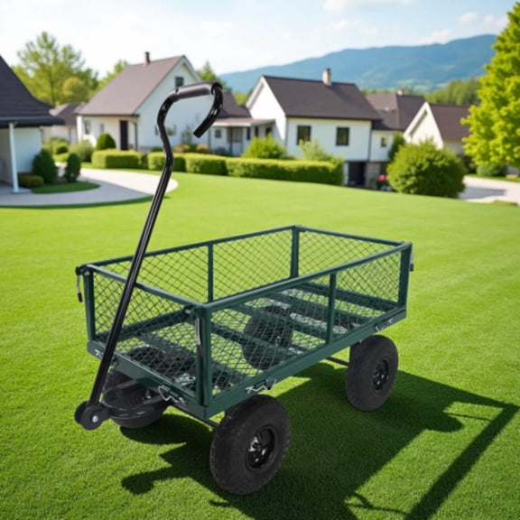 Green Steel Mesh Garden Wagon Cart - Heavy - Duty Utility Cart for Firewood Yard and Outdoor Transport