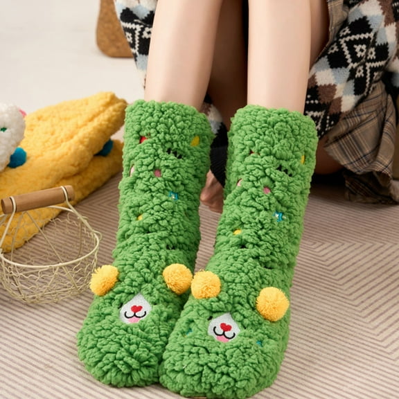 Green Stockings Ladies' Lamb Fleece Mid Calf Socks for Autumn and Winter Cute Floor Socks Extra Thick and Warm Lined for Home Use Thick Sleep Long Socks