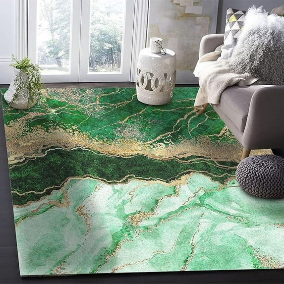Green Stone Gold Stripe Area Rug, Abstract Crystal Marble Print Rugs, Non Slip Machine Washable Easy Care Carpet For Indoor Living Room Bedroom Study Apartment Home Decor 5 x 7ft