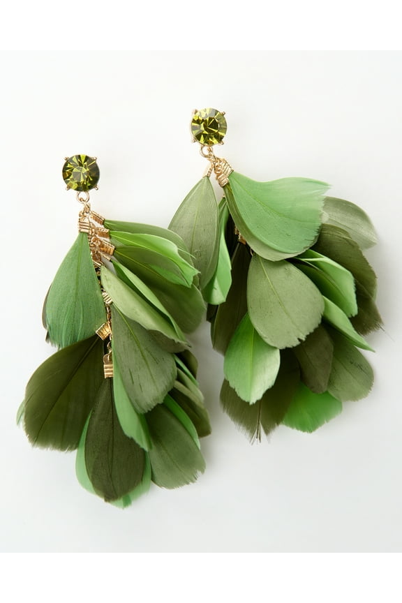 Green Stone Post Top With Green Feather Drop Earrings