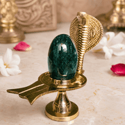 Green Stone Shivling with Brass Yoni Base | Shiva Lingam Idol with Sheshnag for Puja, Home Mandir & Vastu | 0.44 lb