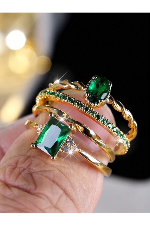 Green Stone Womens Gold-Plated Twisted Ring Set With Emerald-Cut & Oval Green Stones, Elegant Party Jewelry