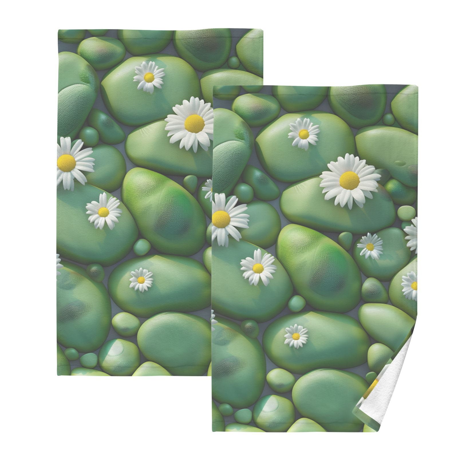 Green Stones Daisy Flowers Hand Towels Cotton Bath Towels Large Face Towels Absorbent for Bathroom 2 Packs