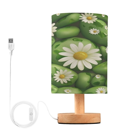 Green Stones and Daisy Flowers Bedside Table Lamp Desk Warm Lights with USB Charging Port Cylinder LED Lamps for Bedroom Living Room Office