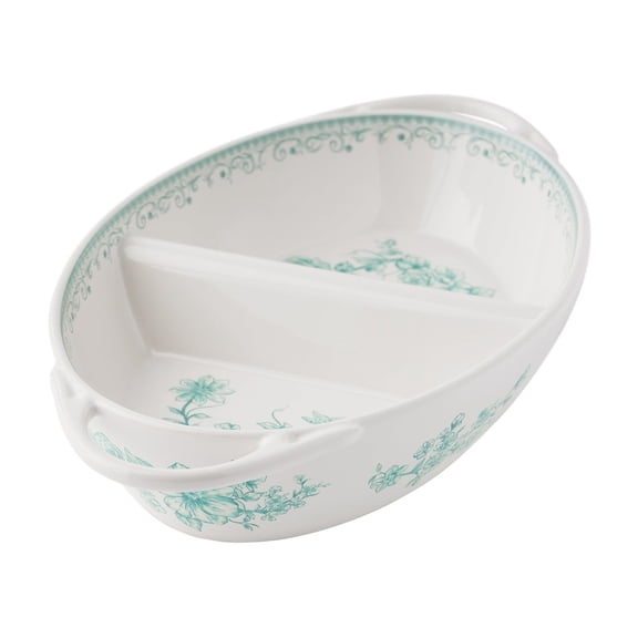 Green Stoneware Divided Server Pan, Multi-Compartment Ceramic Serving Dish for Snacks & Meals
