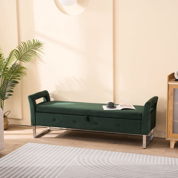 Green Storage Bench for Bedroom | Footstool and Extra Seating | Solid Wood Frame with Velvet and Foam | Organize Small Things