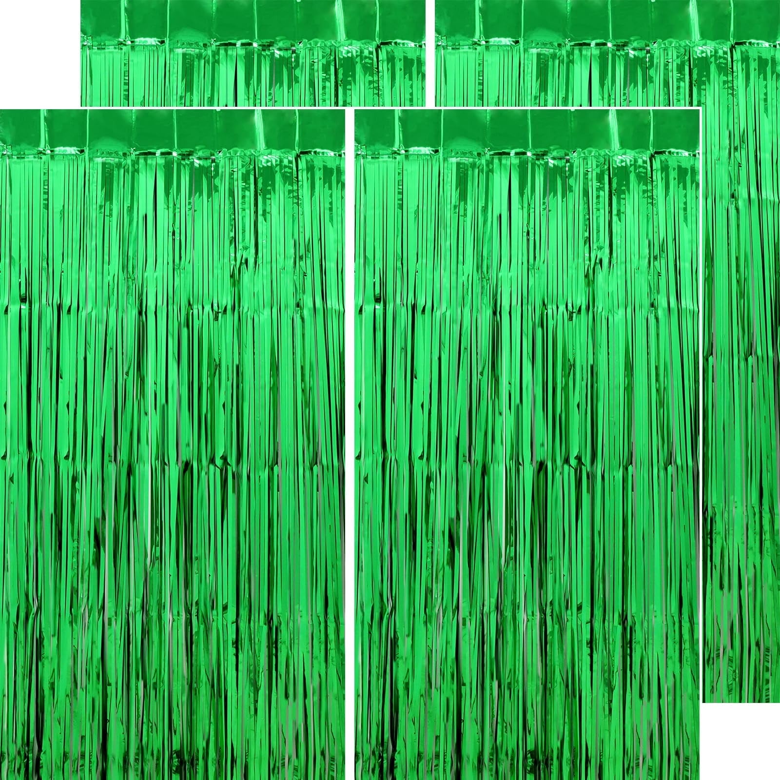 Green Streamers Party Decorations - 4 Pack 3.2 x 6.56 FT - Green Tinsel Foil Fringe Curtains Party Backdrop for Birthday, Dinosaur, Jungle, Football, Golf Themed Party Decorations
