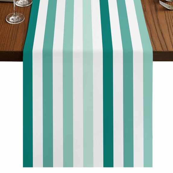 Green Stripe 120 Inch Table Runner, Gradient Geometric White Vertical Striped Farmhouse Dresser Scarf Cotton & Linen Tablerunner for Dining/Kitchen Island/Holiday Party Décor 13" x 120"