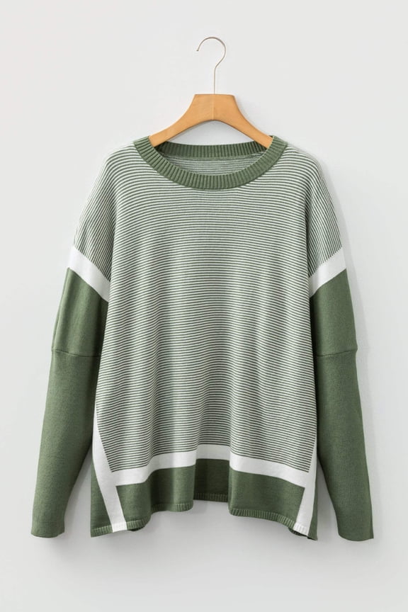 Green Stripe Color Block Patchwork Dolman Oversize Tunic Sweater