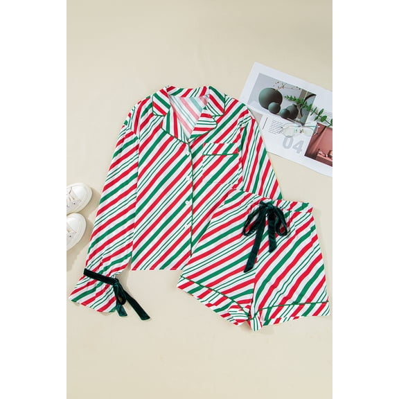 Green Stripe Contrast Velvet Ribbon Knot Christmas 2pcs Pajama Set
