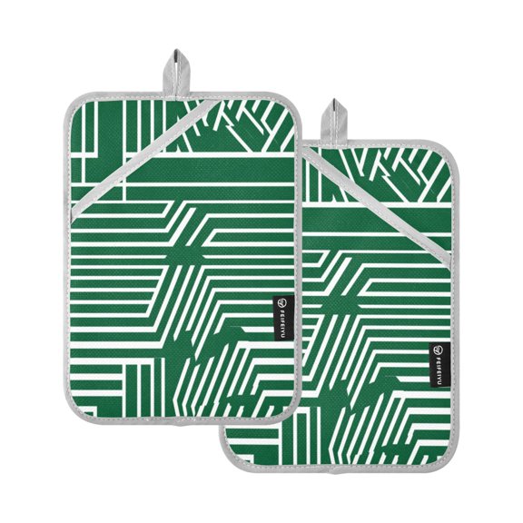 Green Stripe Design 7x9.8in Pot Holder Set Heat-Resistant Oven Hot Pads Durable with Storage Loop