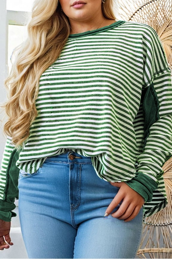 Green Stripe Exposed Seam Patchwork Plus Size Thermal Top