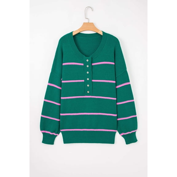 I AM A FASHION JUNKY Green Stripe Half Buttons Drop Shoulder Plus Size Sweater