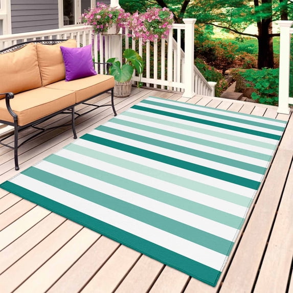 Green Stripe Outdoor Rug for Patio/Deck/Porch, Non-Slip Large Area Rug 3 x 5 Ft, Gradient Geometric White Vertical Striped Indoor Outdoor Rugs Washable Area Rugs, Reversible Camping Rug Carpet Runner