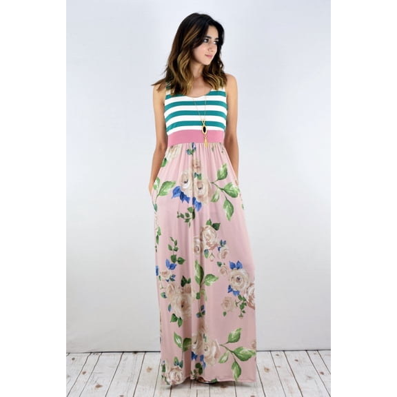Green Stripe Peach Rose Maxi Dress