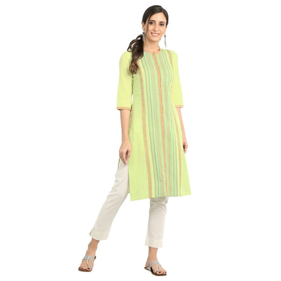 Green Stripe Round Neck Kurta-Medium