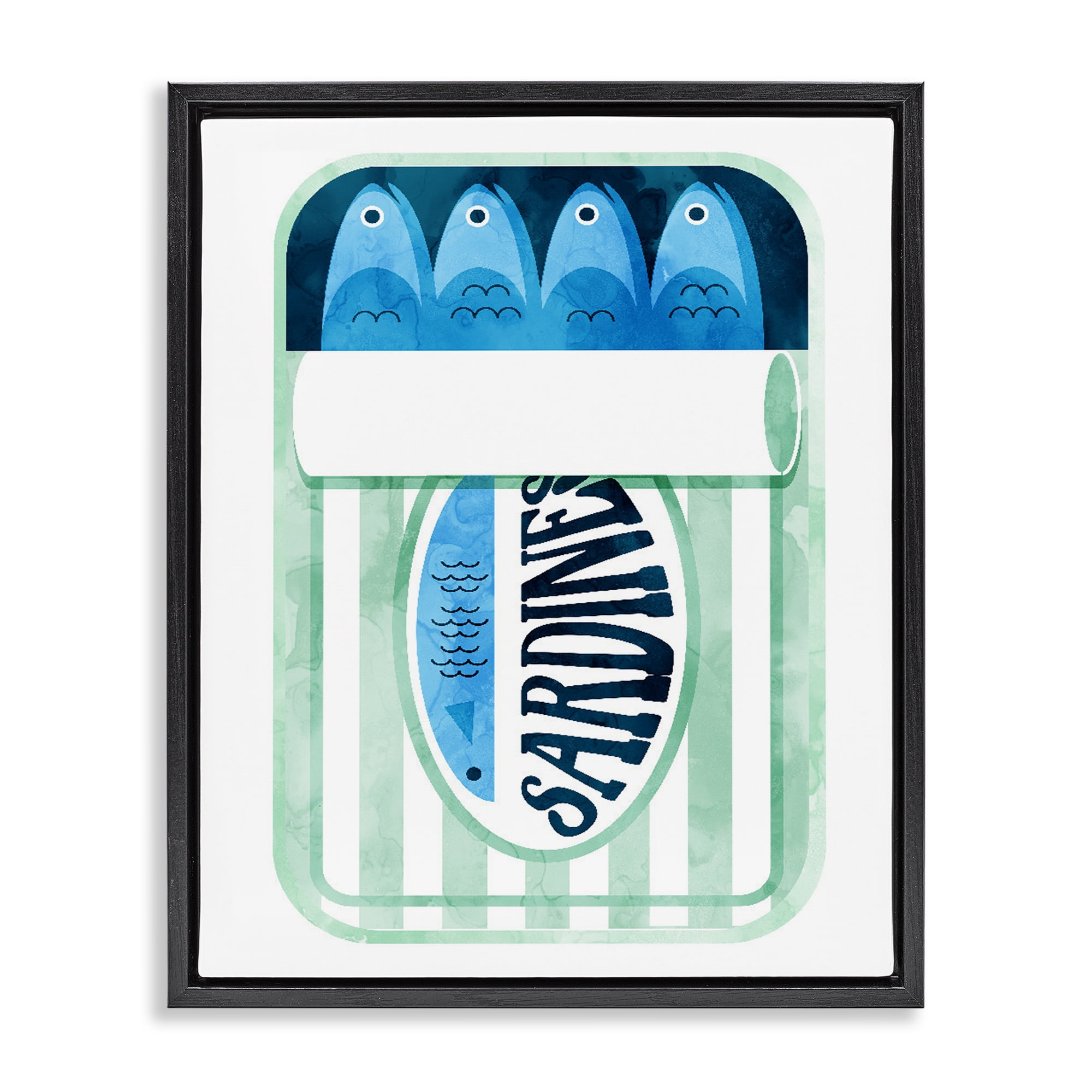 Green Stripe Sardine Tin Black Framed Floater Canvas Wall Art, design by Daphne Polselli