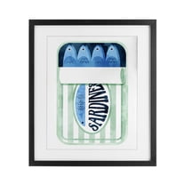 Green Stripe Sardine Tin Black Framed Print Under Glass, design by Daphne Polselli