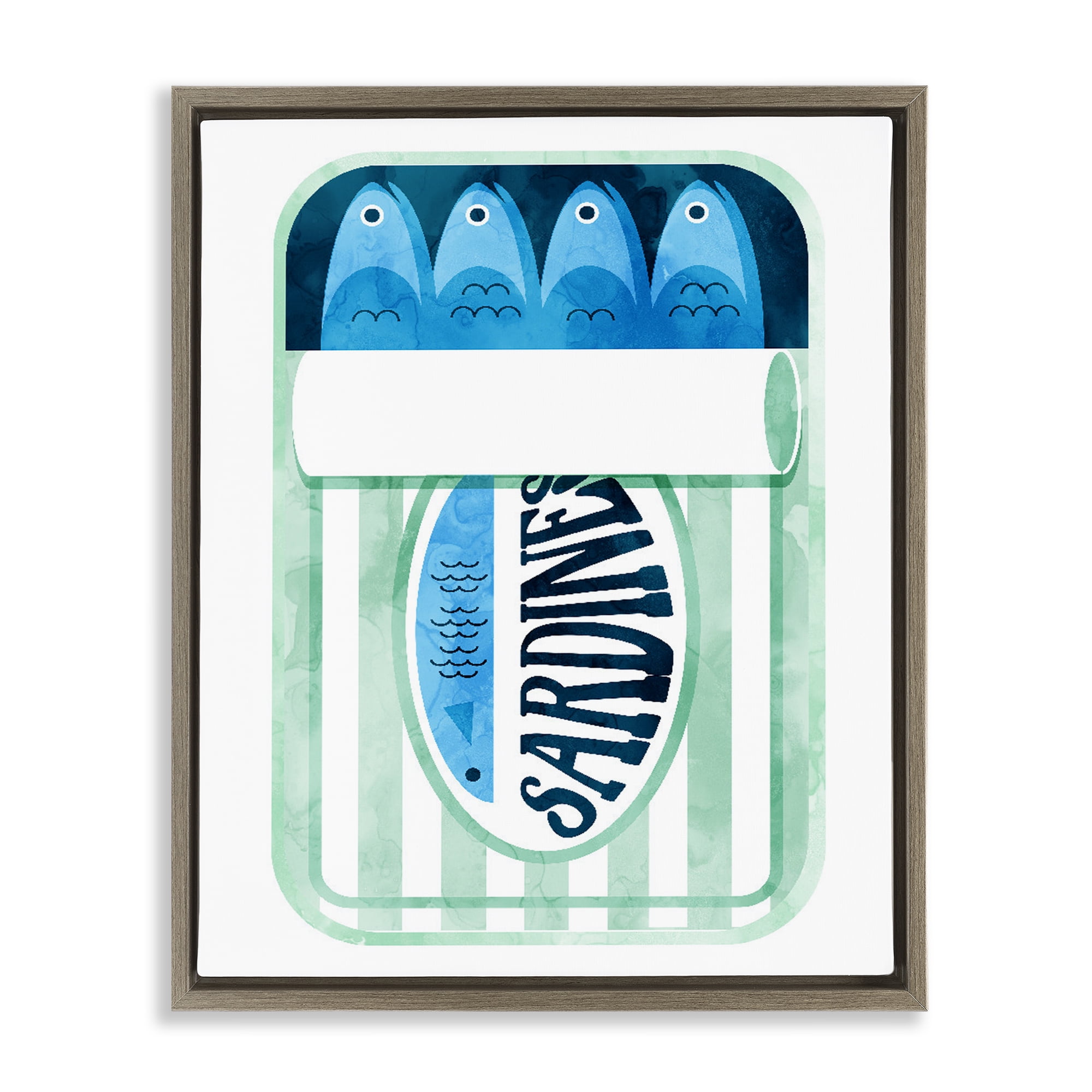Green Stripe Sardine Tin Brown Framed Floater Canvas Wall Art, design by Daphne Polselli