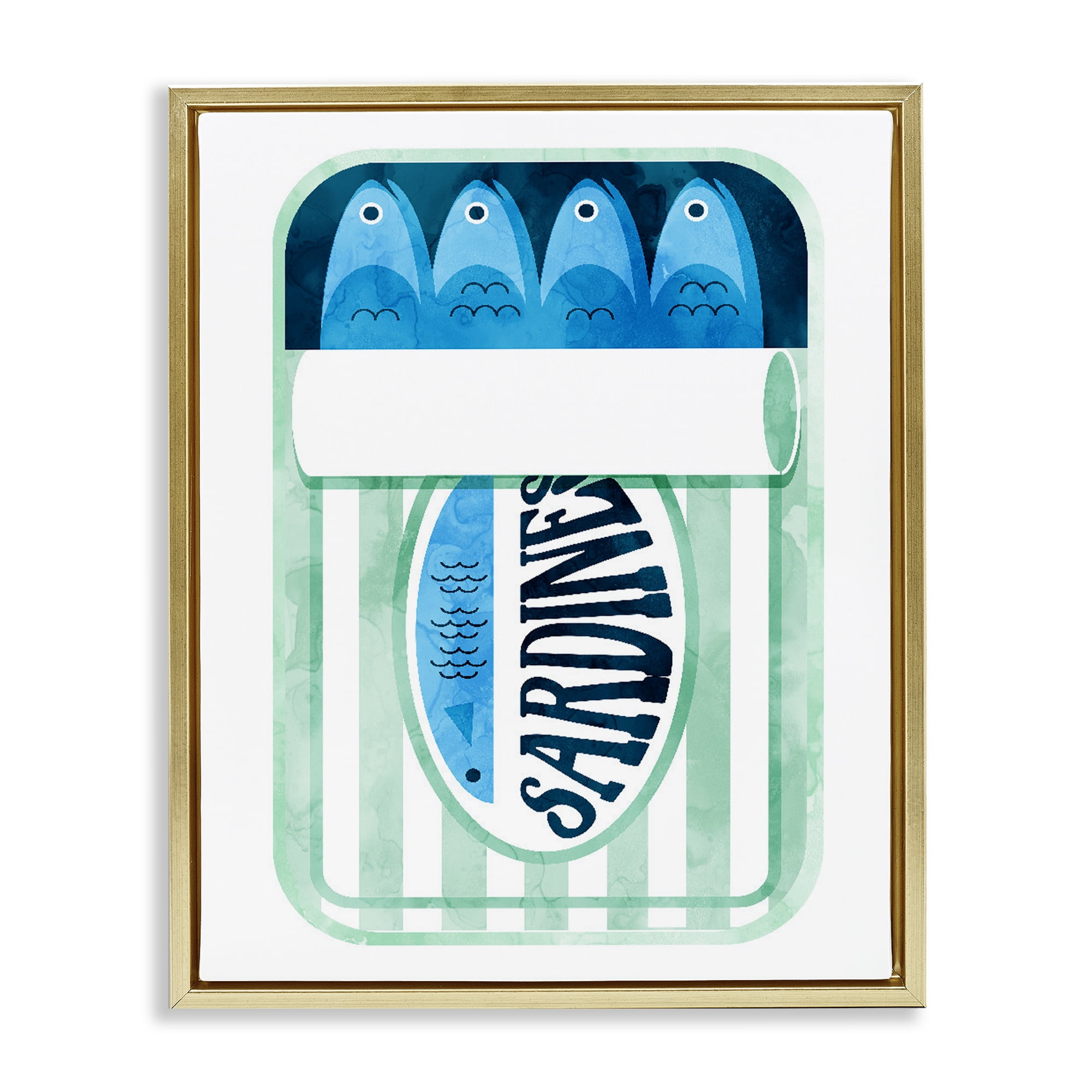Green Stripe Sardine Tin Gold Framed Floater Canvas Wall Art, design by Daphne Polselli