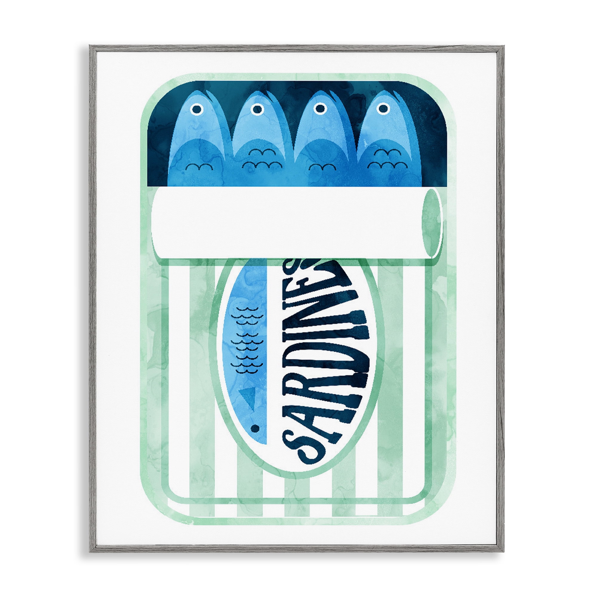 Green Stripe Sardine Tin Gray Framed Giclee Art, design by Daphne Polselli