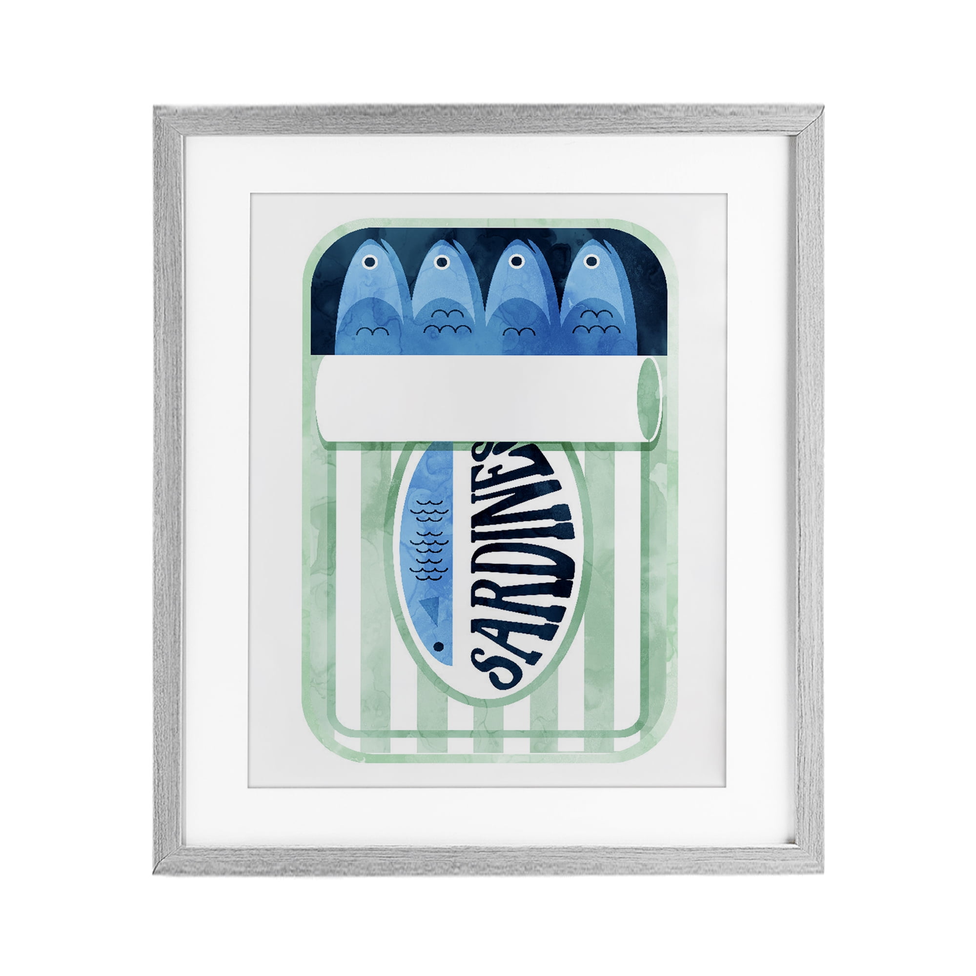 Green Stripe Sardine Tin Gray Framed Print Under Glass, design by Daphne Polselli