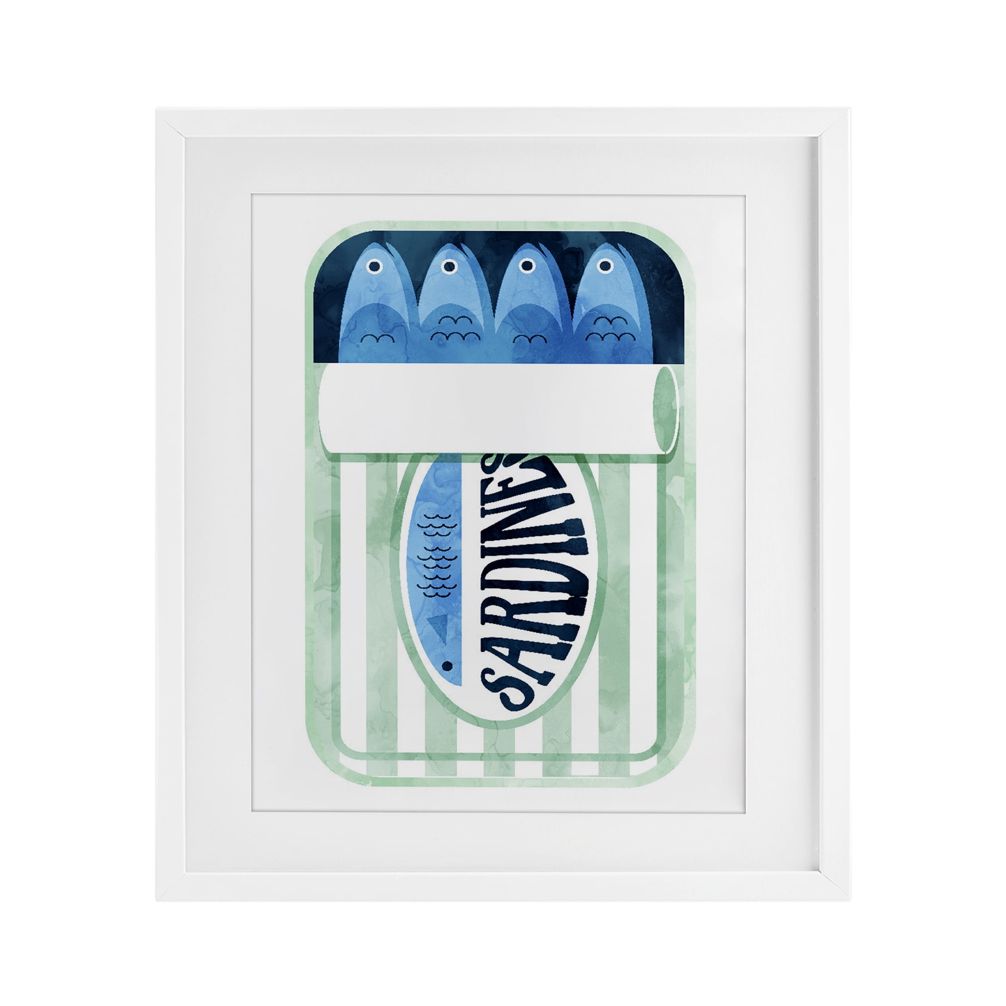 Green Stripe Sardine Tin White Framed Print Under Glass, design by Daphne Polselli