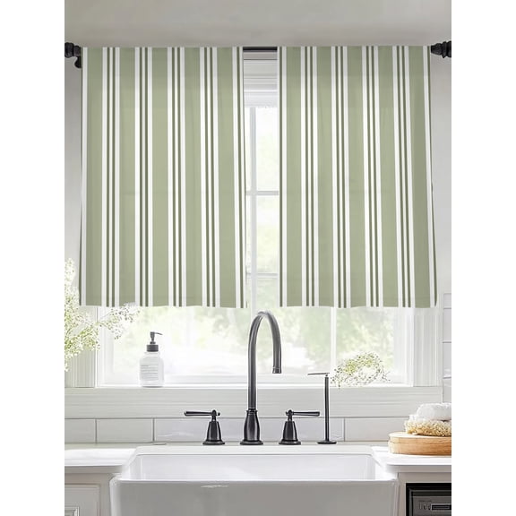 Green Stripe Sheer Curtains 45 inches Long, Country Farmhouse Minimalist Classic Linear Vertical Lines Light Filtering Sheer Window Curtains Rod Pocket Voile Drapes for Bedroom Living Room, 2 Panels