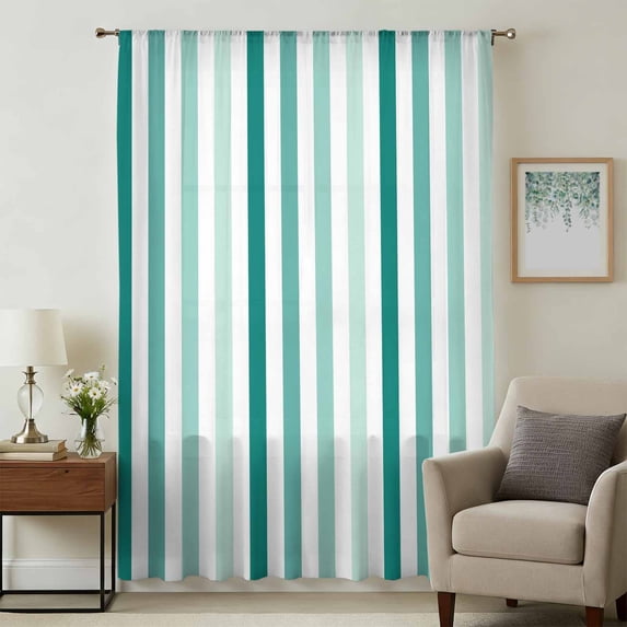 Green Stripe Sheer Curtains 72 Inches Long, Gradient Geometric White Vertical Striped Light Filering Curtains, Breathable Simi Curtain Privacy Drapes for Living Room Bedroom Window Treatment
