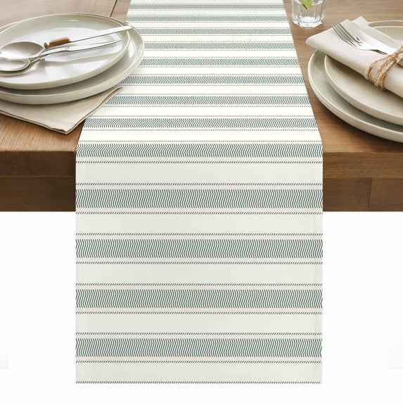 Green Stripe Table Runner - 90 Inch Long, Kitchen Dining Table Runner Dresser Scarves, Modern Farmhouse Geometric Striped Farmhouse Decor for Coffee Tables Wedding Party Banquet