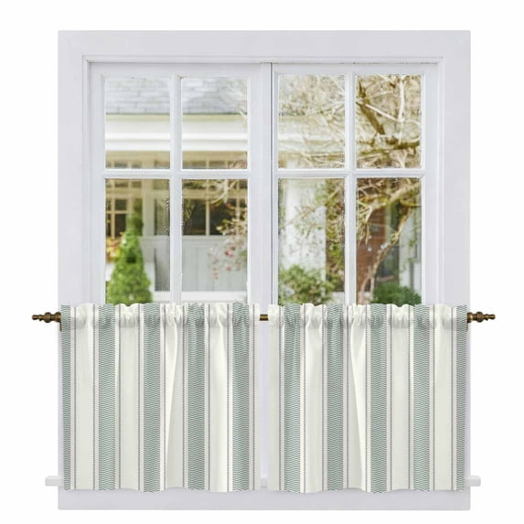 Green Stripe Tier Curtains, Modern Farmhouse Geometric Striped Light Filtering Kitchen Curtains, 2Pcs Rod Pocket Half Window Treatments Panels for Sink Cafe Cabinet Camper 27.5x24 Inches