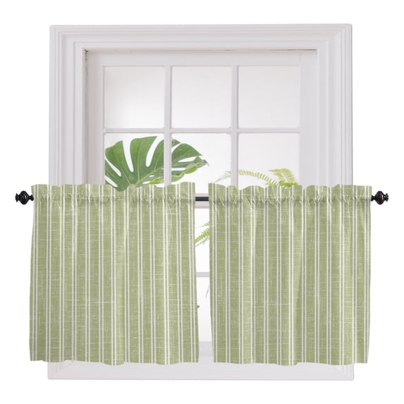 Green Striped 2 Panel Kitchen Curtains for Small Windows, Farmhouse Geometric Striped Rustic Vintage Bathroom Tier Curtain, Short Window Treatment for Bedroom/Living Room 55"x24"
