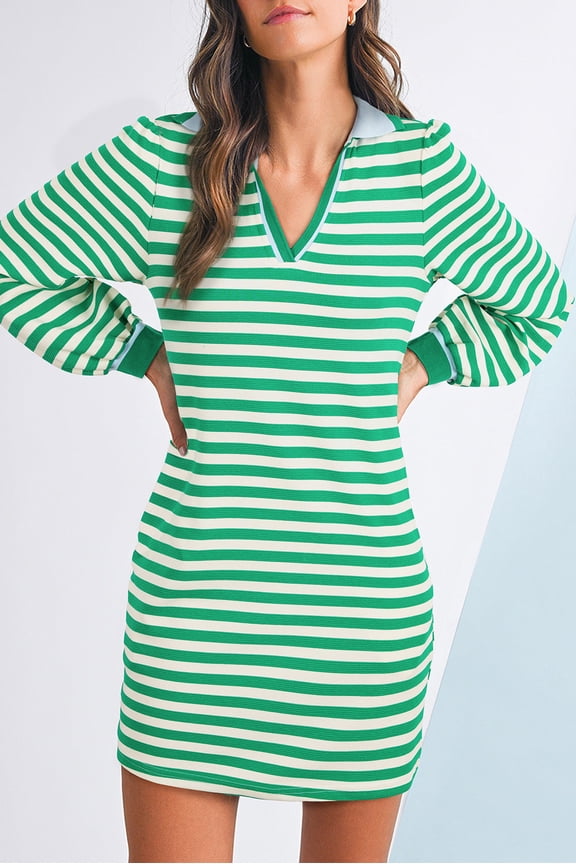 Green Striped Contrast Collar Split Neck Long Sleeve Mini Dress