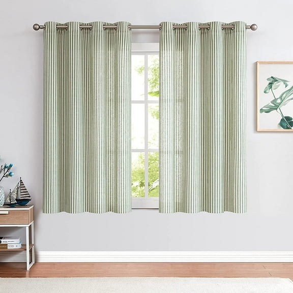 Green Striped Curtains Length for Living Room Farmhouse Pinstripe Pattern Curtains Light Filtering Drapes Grommet Top Window Treatments, Sage Green on Beige 26"W x 63"L (Pack of 2)