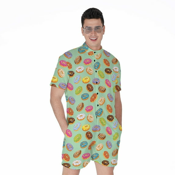 Green Striped Donut Pattern Short Sleeve Men'S Rompers, Food Lover Casual Summer Jumpsuits Outfit