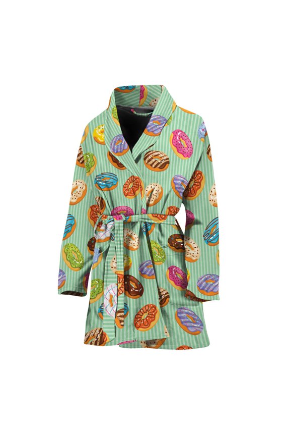 Green Striped Donut Pattern Women Bathrobe One Size Univeral Fits, Food Lover Fashion Lightweight Plush Fleece Long Robe For Women