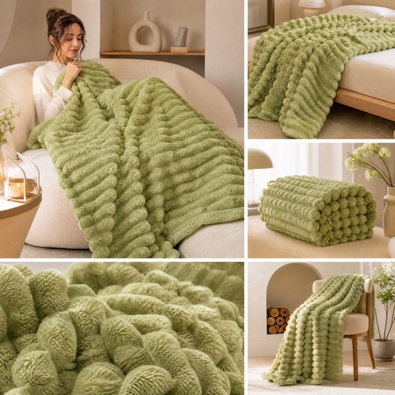 Green Striped Faux Fur Throw Blanket for Couch, Cozy Soft and Fuzzy Plush Rabbit Fur Bubble Blanket for Sofa Bedroom Living Room, 47.2x83 Inches Light