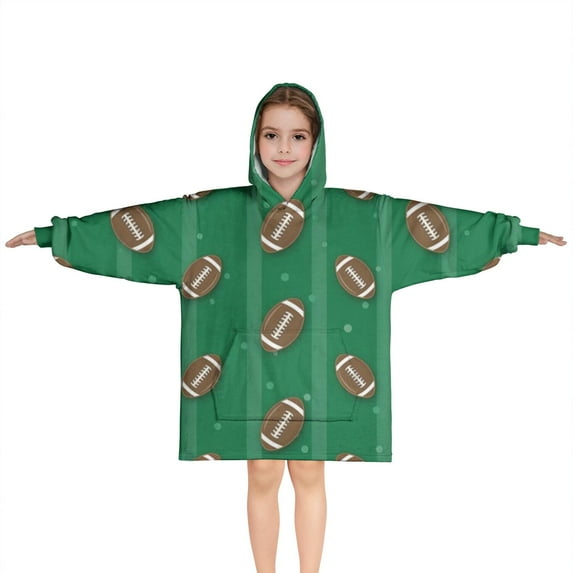 Green Striped Footballs Pattern Blanket Hoodies for Kids 6-13YR Oversize Wearable Blanket Hoodies for Boys Girls Teens