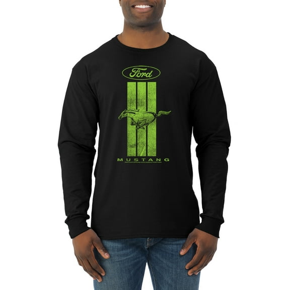 Green Striped Ford Mustang | Mens Cars and Trucks Long Sleeve T-Shirt, Black, Small