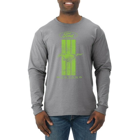Green Striped Ford Mustang | Mens Cars and Trucks Long Sleeve T-Shirt, Heather Grey, Large