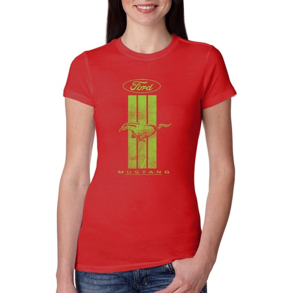 Green Striped Ford Mustang | Womens Cars and Trucks Slim Fit Junior Tee, Red, 2XL